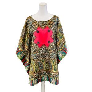 Chico's Top Women S/M Black Green Pink Kimono Poncho Lightweight Draped